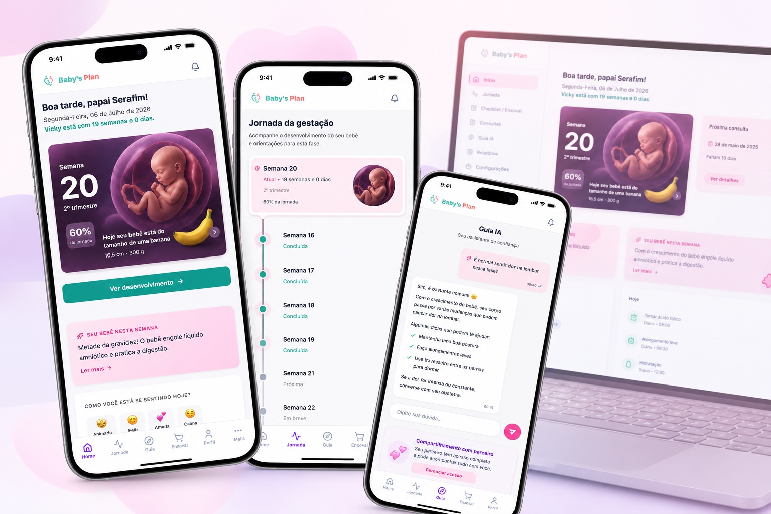 Telas reais do Baby's Plan: dashboard da jornada, enxoval inteligente, guia de IA e visão sincronizada entre o casal
